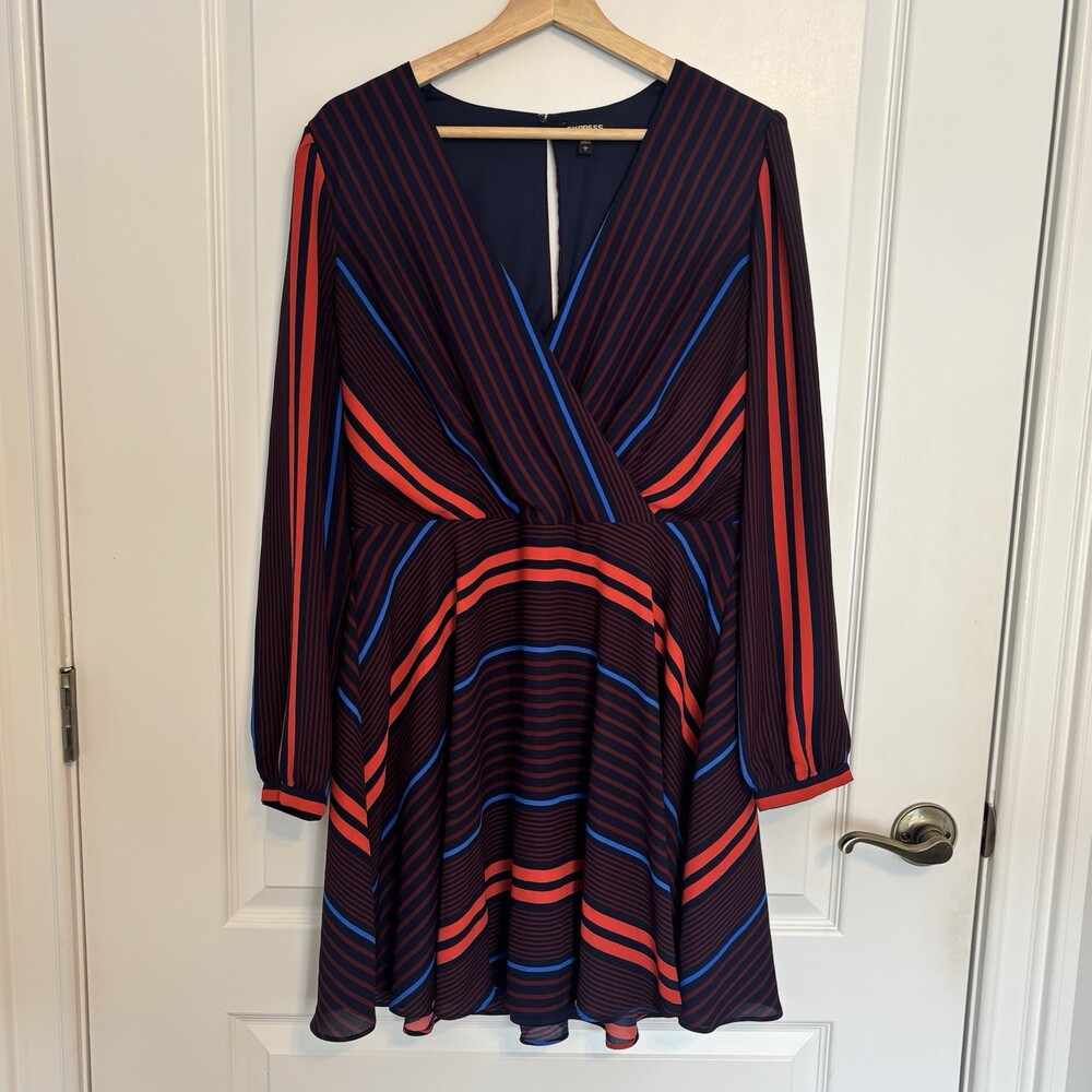 Express Women's Striped Long Sleeve Fit & Flare Dress Navy Red Blue Size L